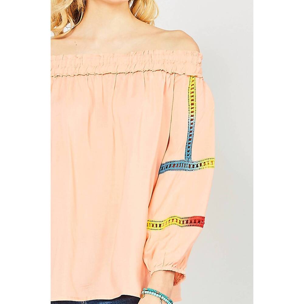 NEW ENTRO off the shoulder crochet top in peach - Picture 6 of 8